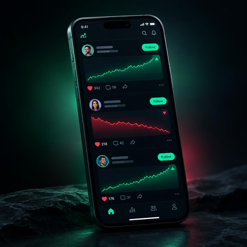 FOMO social trading app feed on a smartphone showing traders to follow